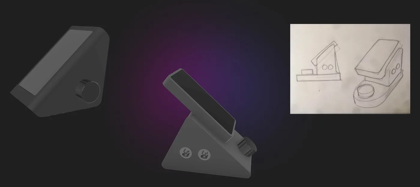 Renders of two early desktop prototypes, a wedge-shaped case with a touchscreen and a large knob, and a stand with an angled touchscreen, next to a pencil sketch of both