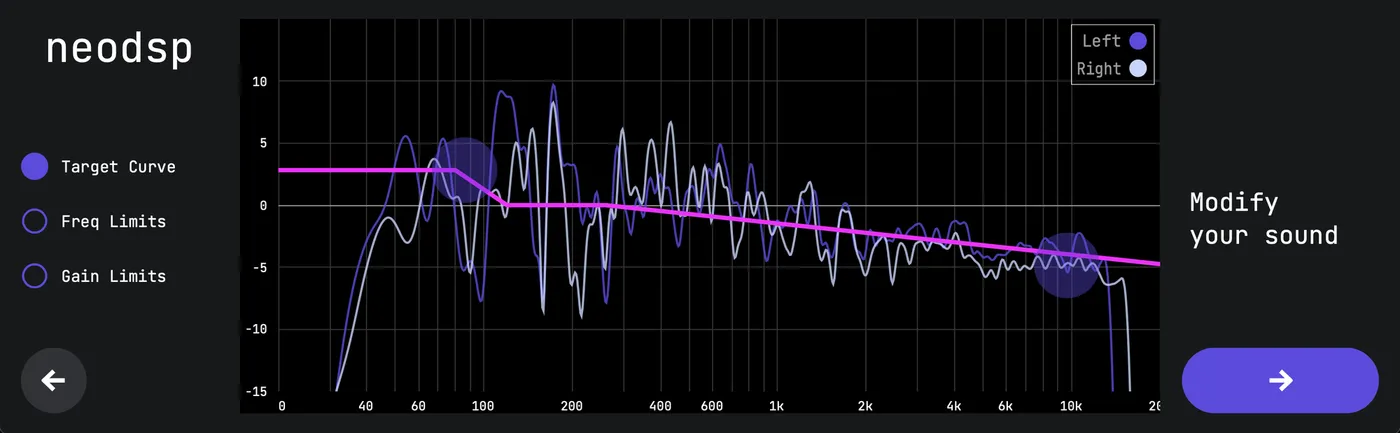 Studio Hub screen showing the measured left and right frequency response with an adjustable pink target curve