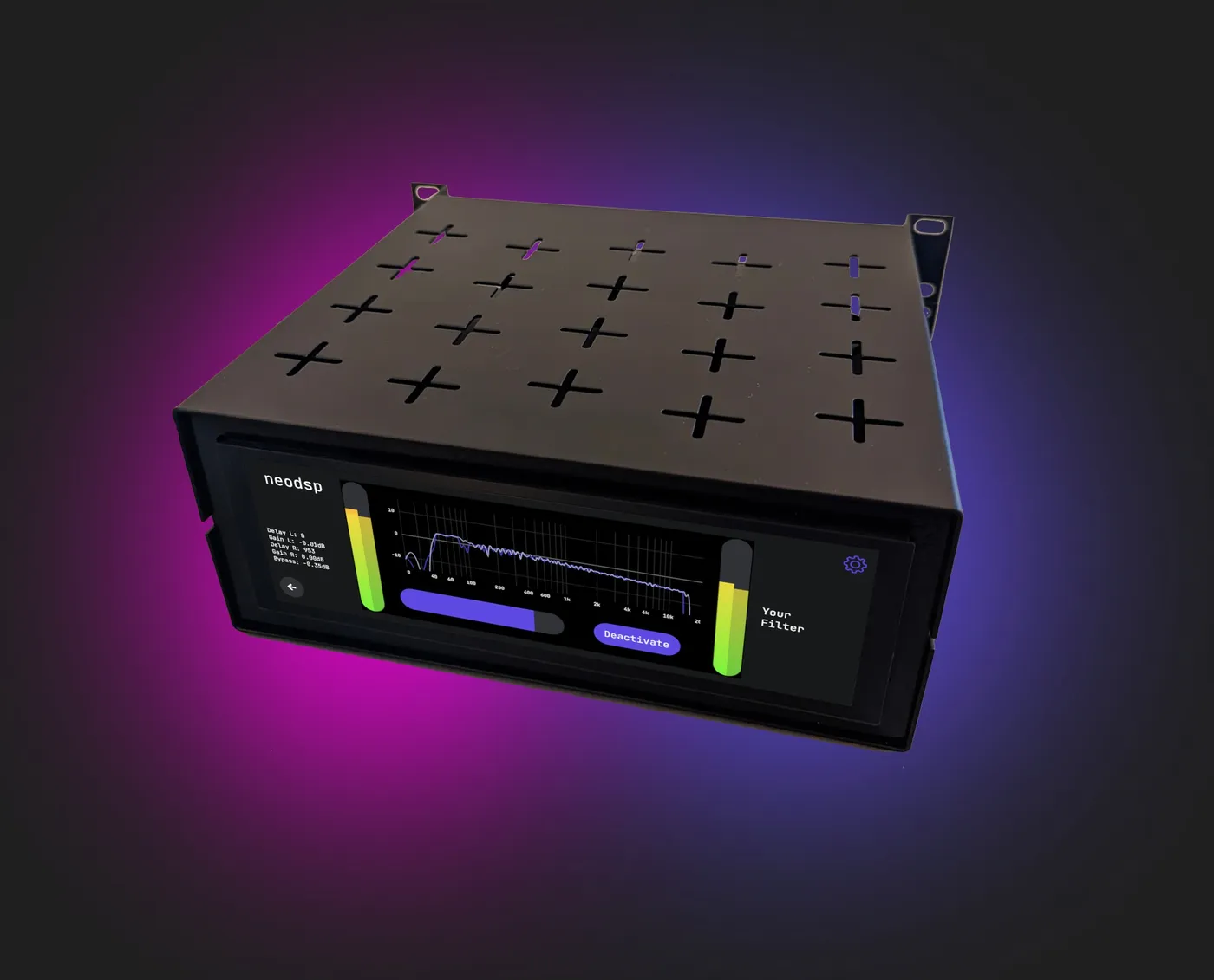 Studio Hub: a black half-rack device whose touchscreen shows level meters and a frequency response