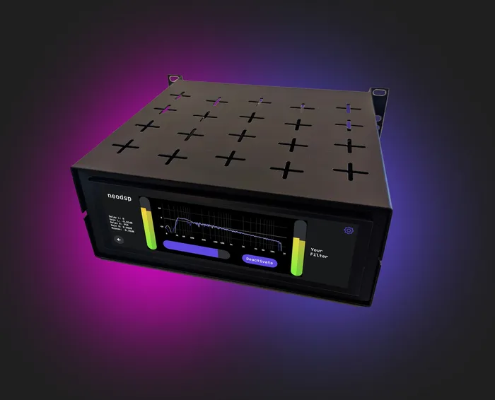 Studio Hub: a black half-rack device whose touchscreen shows level meters and a frequency response